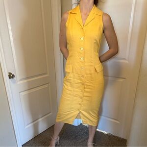 Spenser Jeremy Yellow Linen Blend Button Front Midi Dress Sheath Vintage Style